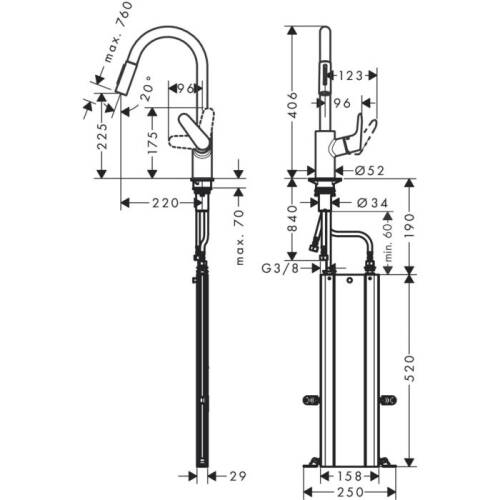 Hansgrohe Focus M41 Eviiye bataryası Çekilebilir Gaga 2 Akışlı, sBox Paslanmaz Çelik73880800 - 2