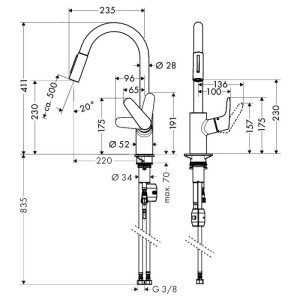 Hansgrohe Focus M41 Eviye Bataryası Çekilebilir Gaga 2 Akışlı Paslanmaz Çelik 31815800 - 2