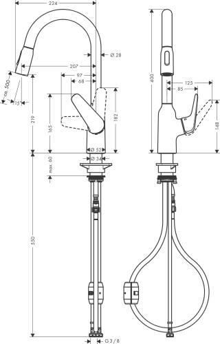 Hansgrohe Focus M42 Eviye Bataryası Çekilebilir Gaga 2 Akışlı 71800000 - 2