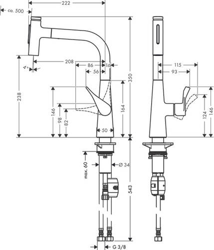 Hansgrohe Metris Eviye Bataryası Çekilebilir El Duşu 2 Akışlı 73822000 - 2