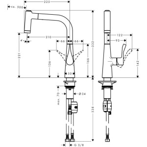 Hansgrohe Metris M71 Eviye Bataryası Çekilebilir Gaga 2 Akışlı Paslanmaz çelik 14834800 - 2