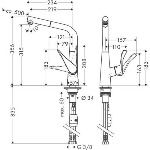 Hansgrohe Metris M71 Eviye bataryası Çekilebilir Gaga Paslanmaz Çelik 14821000 - 2