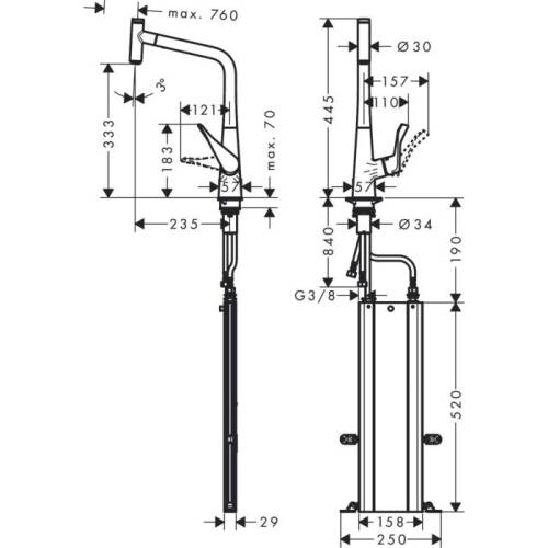 Hansgrohe Metris M71 Eviye Bataryası Çekilebilir Gaga,sBox Paslanmaz Çelik 73803800 - 2