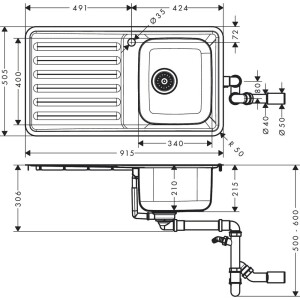 Hansgrohe S4111-F340 Ankastre Eviye 340/400 Damlalıklı Paslanmaz çelik 43340800 - 2