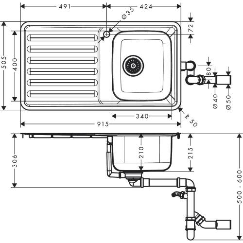 Hansgrohe S4111-F340 Ankastre Eviye 340/400 Damlalıklı Paslanmaz çelik 43340800 - 2