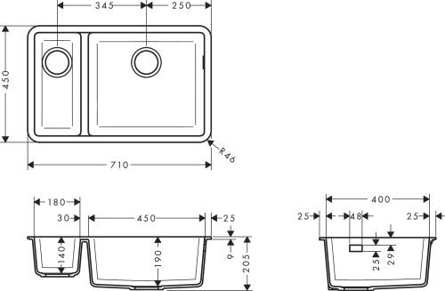 Hansgrohe S510-U635 Tezgah Altı Granit Eviye 180/450 Grafit Siyahı 43433170 - 2